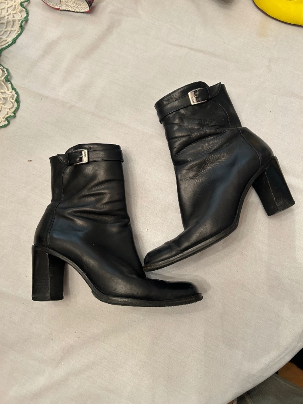 Ralph Lauren Black Leather Buckle Ankle Boots size 9 Square Toe Block Heel